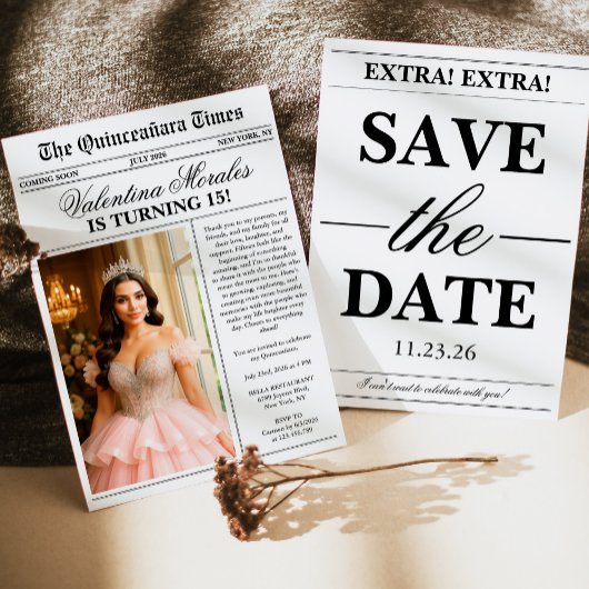 Modern Unique Newspaper Photo Quinceanera Einladung