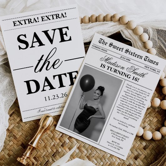 Modern Unique Newspaper Photo Sweet 16 Einladung