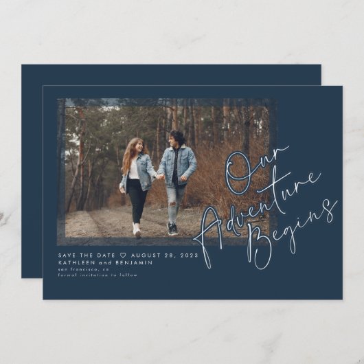 Modern Unser Abenteuer fängt Save the Date Foto an (Vorne/Hinten)