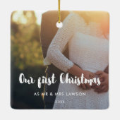 Modern Unser erstes Weihnachtspaar Foto Keramikornament (Rückseite)