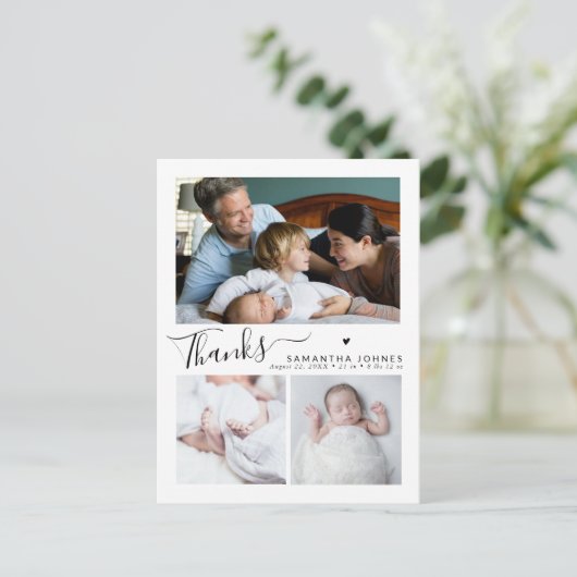 Modern Vielen Dank, dass Sie Script 3 Foto Geburts Postkarte (Stehend Vorderseite)