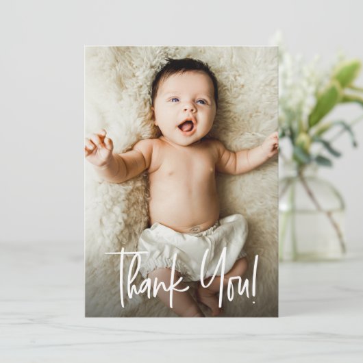 Modern Vielen Dank, Script Foto Baby Dusche Dankeskarte (Stehend Vorderseite)