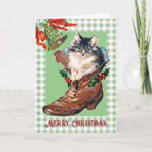 Modern Vintage Christmas Kitten im Boot Sage Karie Karte