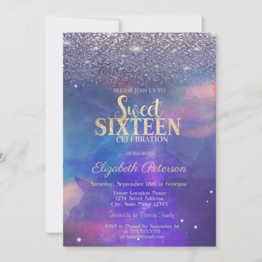 Modern Violet Diamonds Paint Splash Sweet 16 Einladung (Vorderseite)