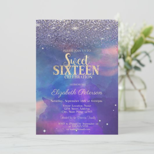 Modern Violet Diamonds Paint Splash Sweet 16 Einladung (Stehend Vorderseite)