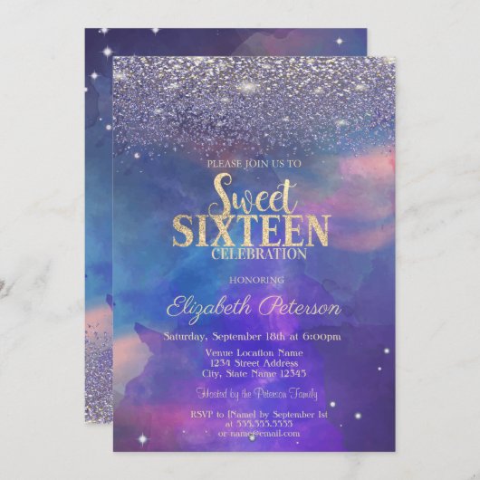 Modern Violet Diamonds Paint Splash Sweet 16 Einladung (Vorne/Hinten)