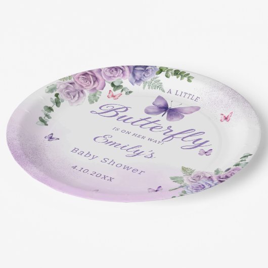 Modern Watercolo Butterfly Blumenmädchen Babydusch Pappteller (Schrägansicht)