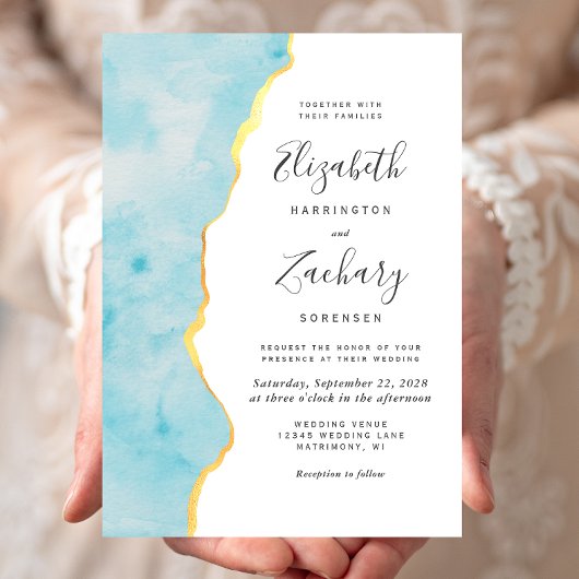 Modern Watercolor Aqua Blue Agate Wedding Einladung
