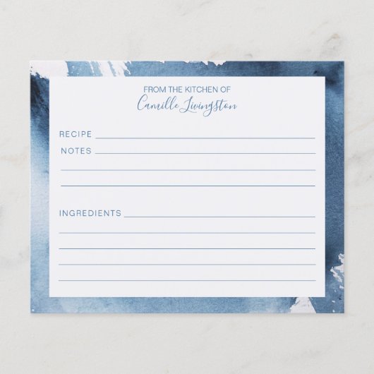 Modern Watercolor Blue Abstrakt Name Rezept Card (Vorderseite)