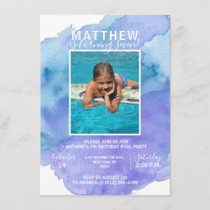 Modern Watercolor Blue Boy POOL GEBURTSTAG Einladung