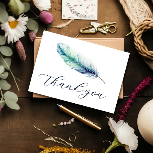 Modern Watercolor Blue Feather Birthday Dankeskarte