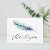 Modern Watercolor Blue Feather Birthday Dankeskarte (Stehend Vorderseite)