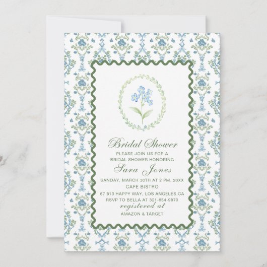 Modern Watercolor Blue flowers Bridal ShInvitation Einladung (Vorderseite)
