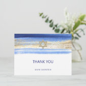 Modern Watercolor Blue Gold Bar Mitzvah Hebrew Dankeskarte (Stehend Vorderseite)