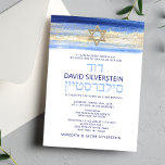 Modern Watercolor Blue Gold Bar Mitzvah Hebrew Einladung<br><div class="desc">Schöne religiöse jüdische Bar Mitzvah Einladungskarten. Modernes und dennoch elegantes Aquarelldesign in Pinselstrichblau, hell bis marineblau. Goldener Star von David in der Mitte mit Imitaten goldenen Pinselstrich mit Goldfolie. Moderne Drehbücher. 'Wird an die TORAH als Bar Mitzvah gerufen'. Präfekt für den 13-jährigen Sohn, Junge. Einfach zu bearbeiten - einfach Ihre...</div>