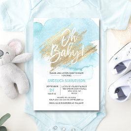 Modern Watercolor Blue Gold Oh Baby Dusche Einladung