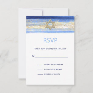 Modern Watercolor Blue Gold Star BAR MITZVAH RSVP Karte