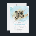 Modern Watercolor Blue Gold Sweet 16 Sechzehn Einladung<br><div class="desc">*** CARDS sind 3, 5"x5", klicken Sie auf "GRÖSSE" für GRÖSSERE Größen *** Schicken Sie Ihren Gästen diese modernen, aber eleganten, süßen 16 16 Einladungen. Helle pastellblaue Wasserfarbe auf weißem Hintergrund. Imitate mit goldenen Pinselstriche mit 16 in Imitaten Glitzer ! Editable Karten - personalisieren Sie sie durch Hinzufügen Ihres Textes....</div>