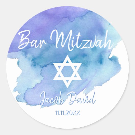 Modern Watercolor Blue Star Bat Bar Mitzvah Runder Aufkleber (Vorderseite)