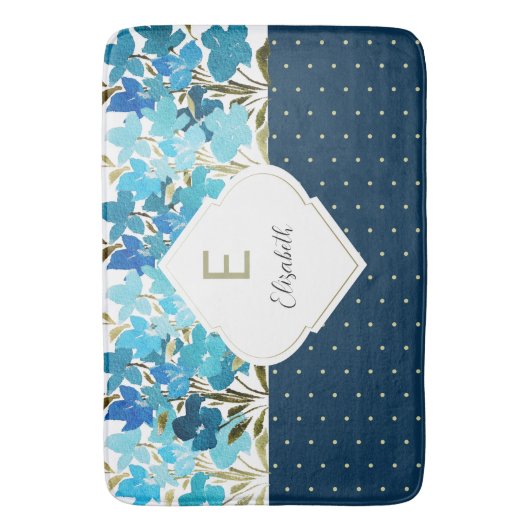 Modern Watercolor Boho Blue Flural Handgemalt Badematte (Vorderseite Vertikal)