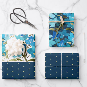 Modern Watercolor Boho Blue Flural Handgemalt Geschenkpapier Set