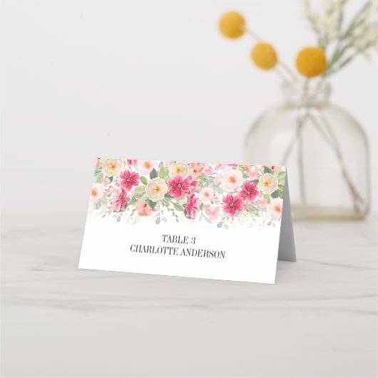 Modern Watercolor Bright Pink Floral Wedding Platzkarte (Vorderseite)