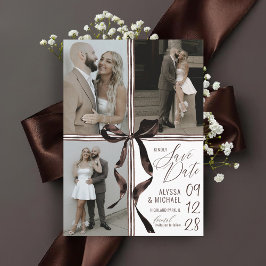 Modern Watercolor Brown Bow 3 Multi-Photo Wedding Save The Date