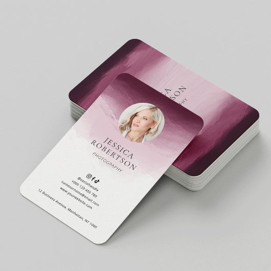 Modern Watercolor Burgund Rosa Foto Elegant Visitenkarte