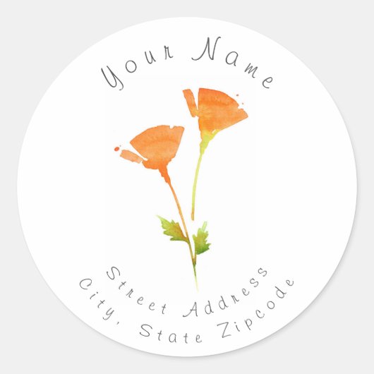 Modern Watercolor California Poppies Label Runder Aufkleber (Vorderseite)