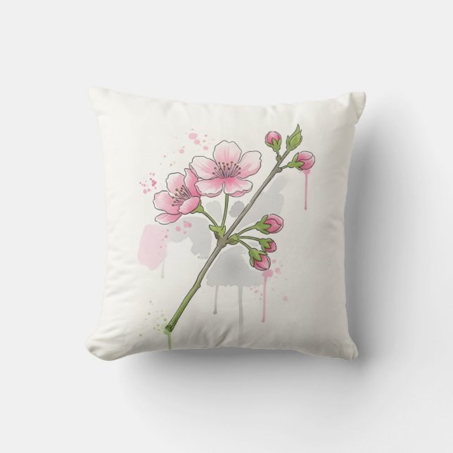 Modern Watercolor Cherry Blossom Branch Kissen (Vorderseite)