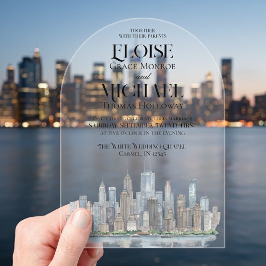 Modern Watercolor City Skyline Destination Wedding Acryleinladungen