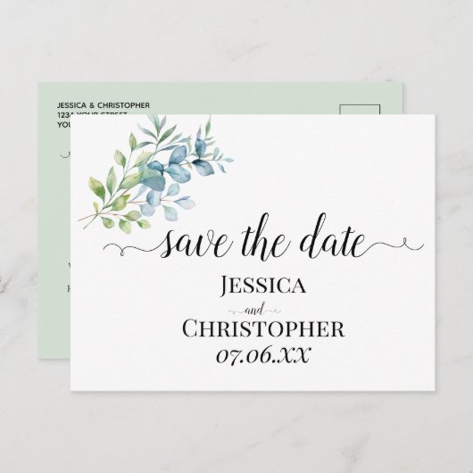 Modern Watercolor Eucalyptus Greenery Wedding Ankündigungspostkarte (Vorne/Hinten)