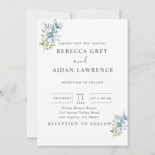 Modern Watercolor Eucalyptus Greenery Wedding Einladung (Vorderseite)
