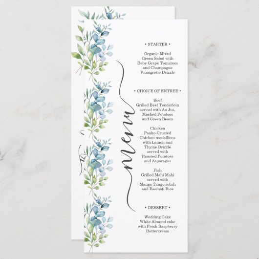 Modern Watercolor Eucalyptus Greenery Wedding Menükarte (Vorne/Hinten)