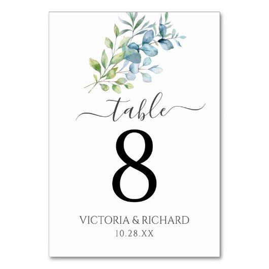 Modern Watercolor Eucalyptus Greenery Wedding Tischnummer (Vorderseite)