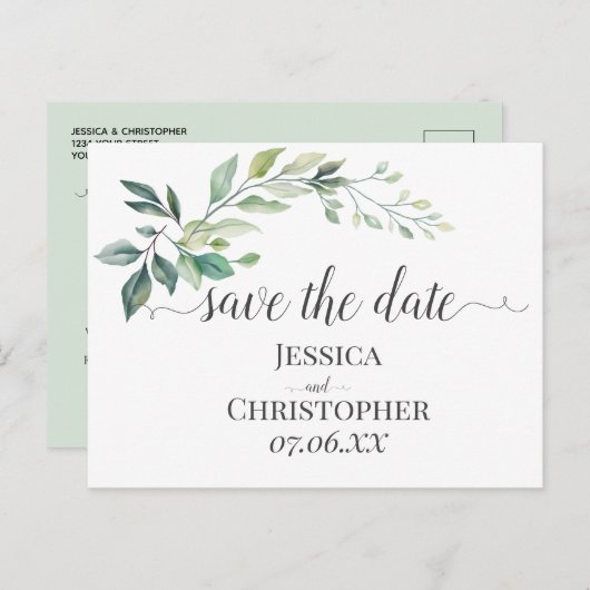 Modern Watercolor Eucalyptus Leaves Greenery Ankündigungspostkarte (Vorne/Hinten)