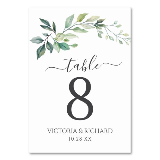 Modern Watercolor Eucalyptus Leaves Greenery Tischnummer (Vorderseite)