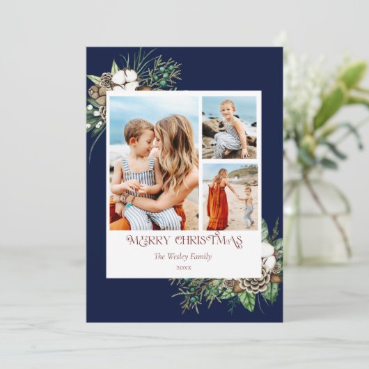 Modern Watercolor Floral Foto Weihnachtskarte (Stehend Vorderseite)