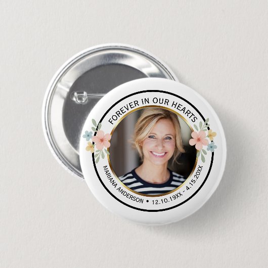 Modern Watercolor Floral Memorial Photo  Button (Vorne & Hinten)