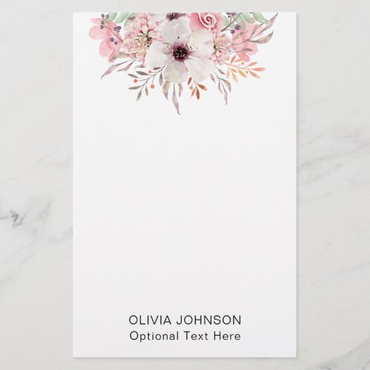 Modern Watercolor Floral Monogram Name Briefpapier (Vorderseite)