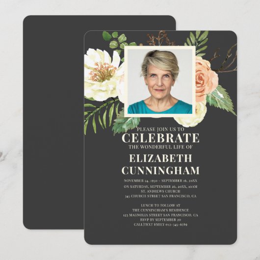 Modern Watercolor Florals Foto Memorial Einladung (Vorne/Hinten)