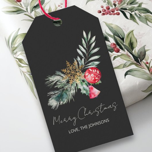 Modern Watercolor Foliage Name Frohe Weihnachten Geschenkanhänger