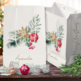 Modern Watercolor Foliage Name Frohe Weihnachtsmed Mittlere Geschenktüte