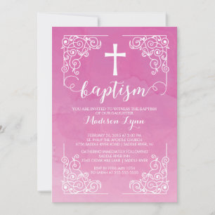 Modern Watercolor Girls Taufe Christening Cross Einladung