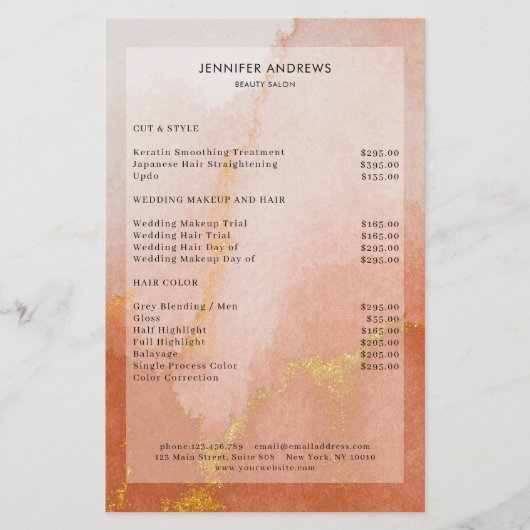 Modern Watercolor Gold Salon Price List Flyer (Vorne)