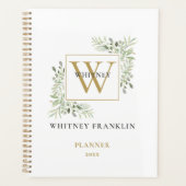 Modern Watercolor Greenery Gold Monogram 2023 Planer (Vorderseite)