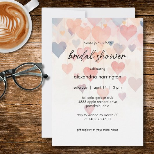 Modern Watercolor Hearts Bridal Shower Einladung