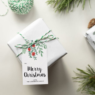Modern Watercolor Holly Frohe Weihnachten Geschenkanhänger