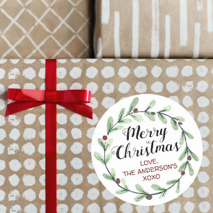 Modern Watercolor Holly Wreath Weihnachten Runder Aufkleber
