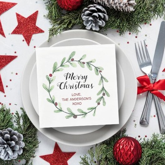 Modern Watercolor Holly Wreath Weihnachten Serviette